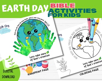 May include: A printable Earth Day activity for kids featuring a coloring page and a handprint page. The coloring page shows a cartoon Earth with a smiling face and the text "God saw all that He had made, and it was very good. Gen 1:11". The handprint page shows a cartoon Earth with a smiling face and the text "Lets take care of God's creation".