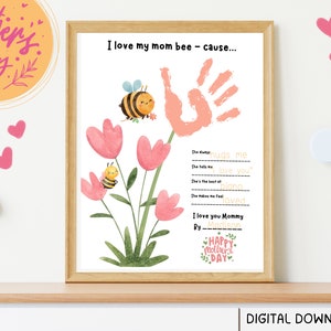 Muttertag Handabdruck Handwerk für Kinder | Ich liebe meine Mama Bienen-Ursache Printable | Kleinkind-Andenken | Blumen und Bienen-Kunstaktivität für Vorschulkinder