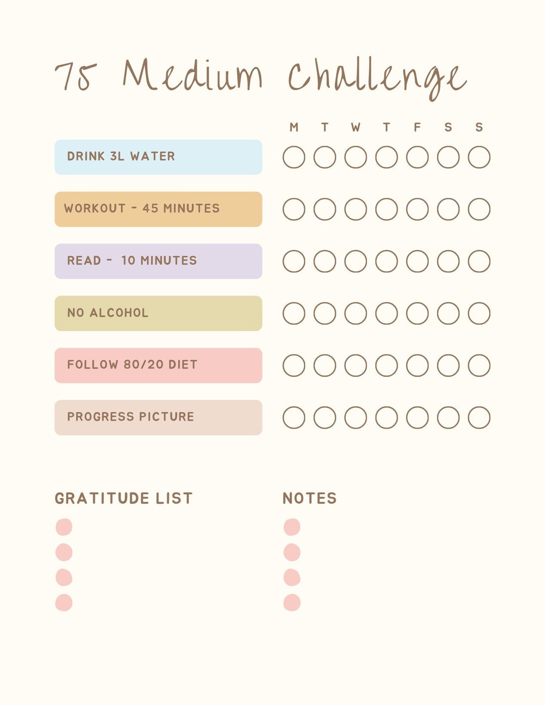 75 Medium Challenge 75 Medium Tracker 75 Day Challenge Printable