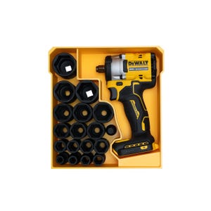 May include: A yellow and black DeWalt impact wrench and socket set. The set includes a cordless impact wrench with the text "DEWALT" and "20V BRUSHLESS" printed on it, along with a variety of black sockets. The set is contained in a yellow plastic case.