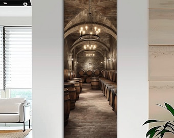 Wine barrels canvas wall art Long bar wall decor Wine print Vintage tall narrow Large wall art Housewarming gift