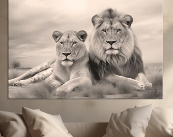Lion couple canvas wall art Beige bedroom decor Lions animal print