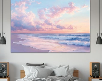 Sunset clouds ocean canvas wall art Bathroom wall decor Beach print Ocean art Pastel wall art Blue pink Large wall art Housewarming gift