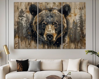 Forest bear canvas wall art Living room decor Pine trees Animals print
