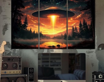 Sci fi alien spaceship canvas wall art Space wall decor UFO Fantasy art print Large wall art Housewarming gift