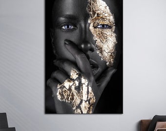 Black woman canvas wall art African American art Salon decor Gold face Black girl print Fashion decor