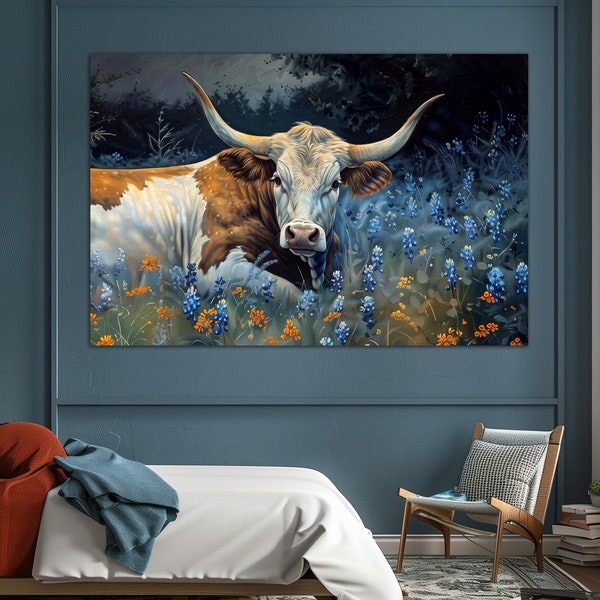 Texas Longhorn canvas wall art Farmhouse decor Cow print Wild flowers Oil painting print Rustic decor Large wall art Housewarming gift