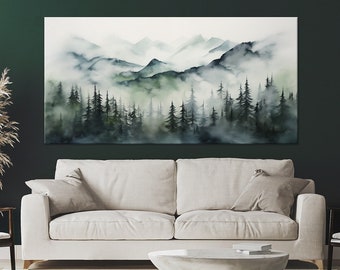 Misty forest mountain canvas wall art Bedroom decor Foggy landscape print