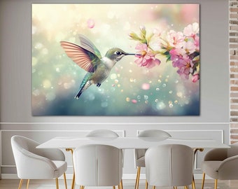 Hummingbird canvas wall art Aesthetic room decor Pastel blue pink Tropical bird print