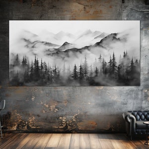 Black mountain canvas wall art Living room decor Landscape painting print Black and white mountain art Large wall art Housewarming gift