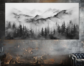 Lienzo de montaña negra, arte de pared, decoración de sala de estar, impresión de pintura de paisaje, arte de montaña en blanco y negro, arte de pared grande, regalo de inauguración de la casa