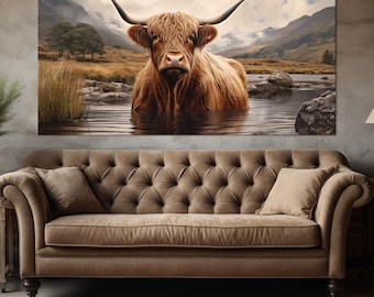 Highland cow canvas wall art Retro farmhouse decor Farm animals Highland cow print Cow gifts Western decor Large wall art Housewarming gift
