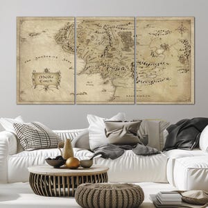 Art mural en toile, carte de la Terre du Milieu, décoration de salle de jeux, art fantastique, carte, art mural, cadeau pour amateur de livres, carte vintage, grande carte d'art mural, cadeau de pendaison de crémaillère