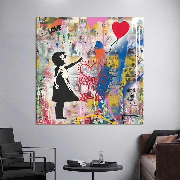 Balloon Girl canvas wall art Original wall decor Colorful Graffiti wall art Pop art Street art on canvas Large wall art Housewarming gift