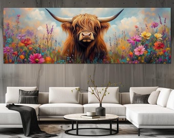 Wildflower Highland cow canvas wall art Original farmhouse decor Floral country print