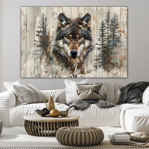 May include: A close-up of a wolf's face with a watercolor effect, set against a background of trees and a wood-grain texture.
