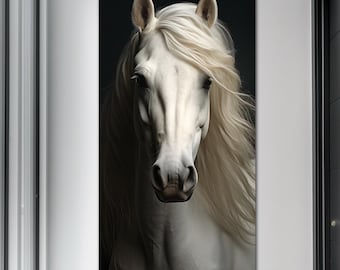 Portrait white horse canvas wall art Farmhouse decor Country cottagecore Animal print