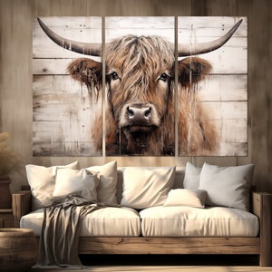 Highland Cow canvas wall art Cow Painting print Wooden background Farmhouse art  Cow print Country wall art Rustic wall art Large canvas art