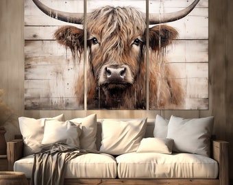 Highland Cow canvas wall art Cow Painting print Wooden background Farmhouse art  Cow print Country wall art Rustic wall art Large canvas art
