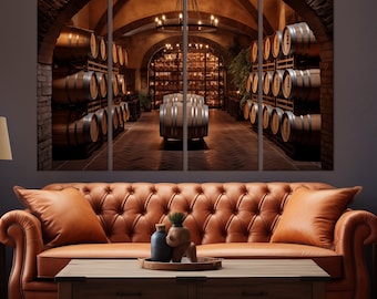 Wine cellar canvas wall art Cottagecore decor Rustic barrels print