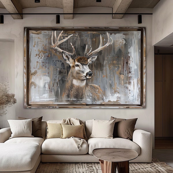 Arte de pared en lienzo de ciervo, decoración de pared de apartamento, impresión de ciervo, decoración rústica del hogar, arte escandinavo, arte de pared de bosque, arte de pared grande, regalo de inauguración de la casa
