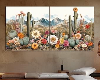 Arizona spring desert canvas wall art Southwest wall decor Cacti floral print Large wall art Housewarming gift