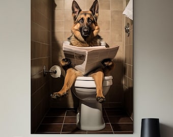 German Shepherd canvas wall art Funny bathroom decor Dog on toilet print