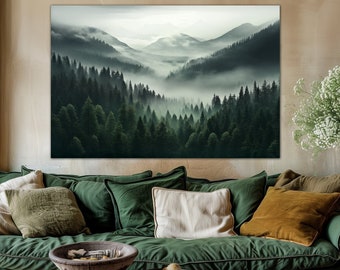 Foggy forest canvas wall art Landscape Living room decor Mountain wall art Forest painting Nature wall art Large wall art Housewarming gift