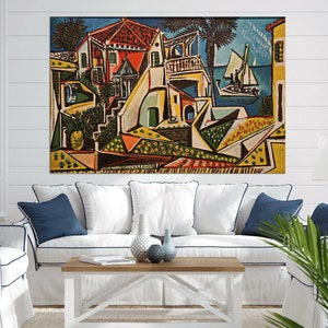 May include: A cubist painting depicting a seaside town with colourful buildings, palm trees, and a sailboat on the water.