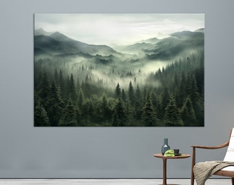 Foggy Mountain canvas wall art Nature Forest print Forest Large canvas art Modern Living room decor Tree print Large canvas art