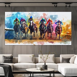 Horse racing canvas wall art Horse wall decor Equestrian watercolor print Horse art Man cave decor Large wall art Housewarming gift