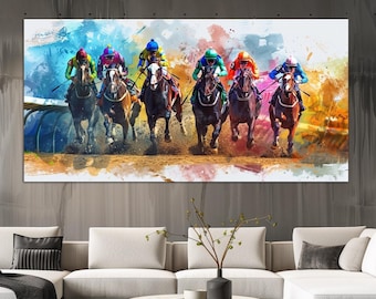 Horse racing canvas wall art Horse wall decor Equestrian watercolor art print Horse art Man cave decor Large wall art Housewarming gift