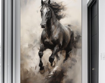 Running horse canvas wall art Cottagecore decor Horse art print Modern horse artwork Black horse lover Large wall art Housewarming gift