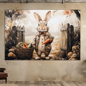 Cute rabbit canvas wall art Whimsical decor Bunny vintage print Farmhouse decor Animal bunny Whimsical art Large wall art Housewarming gift