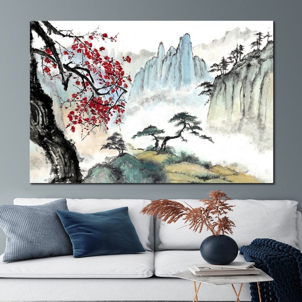 Japan mountain canvas wall art Sakura canvas wall art Japanese wall art Chinese wall art Extra large wall art