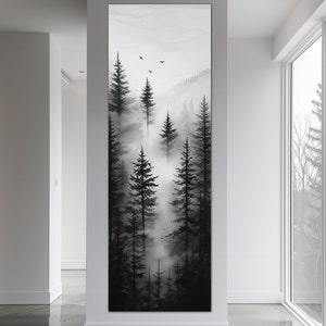 Foggy forest canvas wall art Tall narrow wall decor Minimalist forest painting Black and white art Vertical Large wall art Housewarming gift