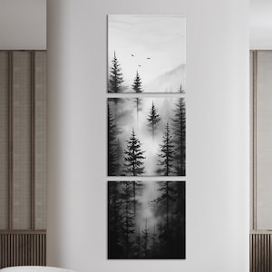 Dark forest canvas wall art Cottagecore decor Long narrow vertical wall art Foggy forest print Moody large wall art  Housewarming gift