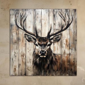 Deer on rustic wood canvas wall art Woodland decor Elk animal print
