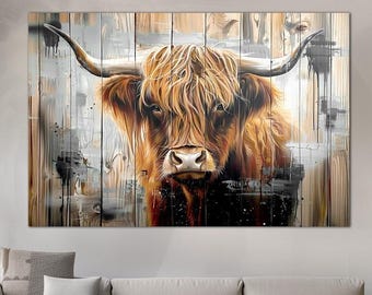 Highland cow canvas wall art Farmhouse decor Old wood rustic print