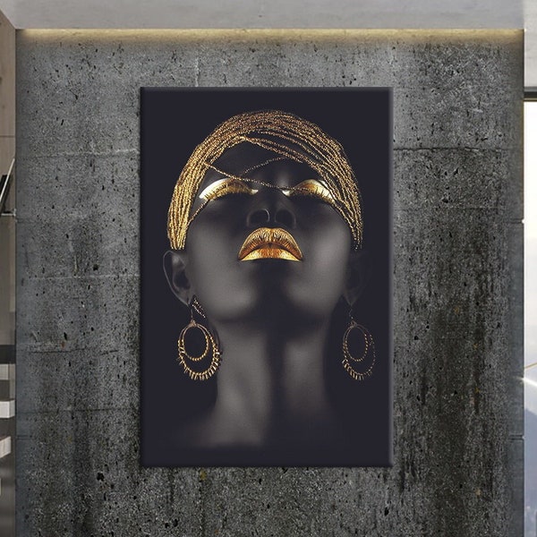 Black woman canvas wall art Modern living room decor African American art Minimalist wall art Gold lips Large wall art Housewarming gift