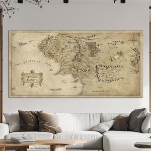 Art mural en toile, carte de la Terre du Milieu, décoration Cottagecore, art fantastique, carte, art mural, cadeau pour les amateurs de livres, carte vintage, grande carte d'art mural, cadeau de pendaison de crémaillère