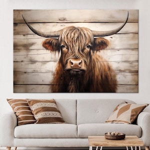 Highland cow canvas wall art Farmhouse wall decor Beige highland cow print Wooden background Country art large wall art Housewarming gift