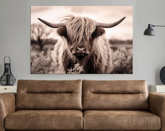 Highland cow canvas wall art Cow Farm Animal Rustic wall decor Farmhouse art decor Animals print Scottish cow wall art Large canvas art