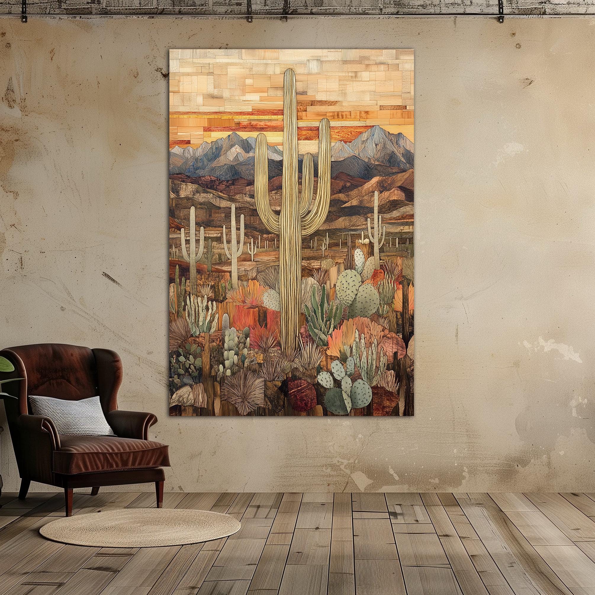 Arizona desert cactus canvas wall art Boho wall decor Mosaic art PRINT Southwestern art Arizona mountain large wall art Housewarming gift