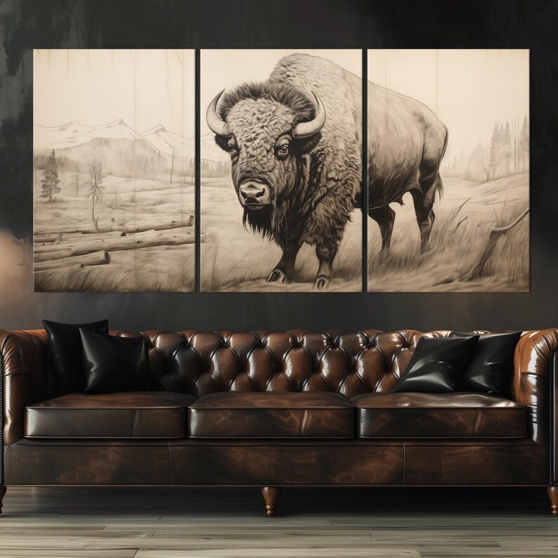 Bison Canvas Wall Art Animal Farmhouse Decor Cottagecore Sepia Vintage ...