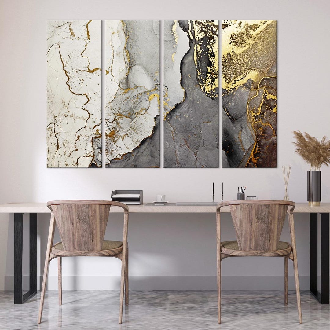 Gray Abstract Canvas Wall Art Bedroom Decor Minimalist Wall Art Gold ...