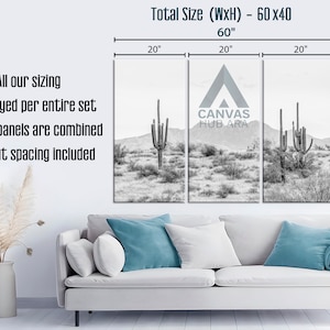 May include: A three-panel black and white canvas print featuring a desert landscape with cacti. The total size of the print is 60 inches wide by 40 inches high. The print is labeled "Canvas Hub Ara".