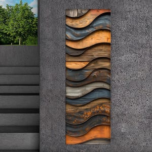 a wall with a vertical panel of overlapping wooden panels in various shades of brown and orange, creating a textured and visually interesting design.