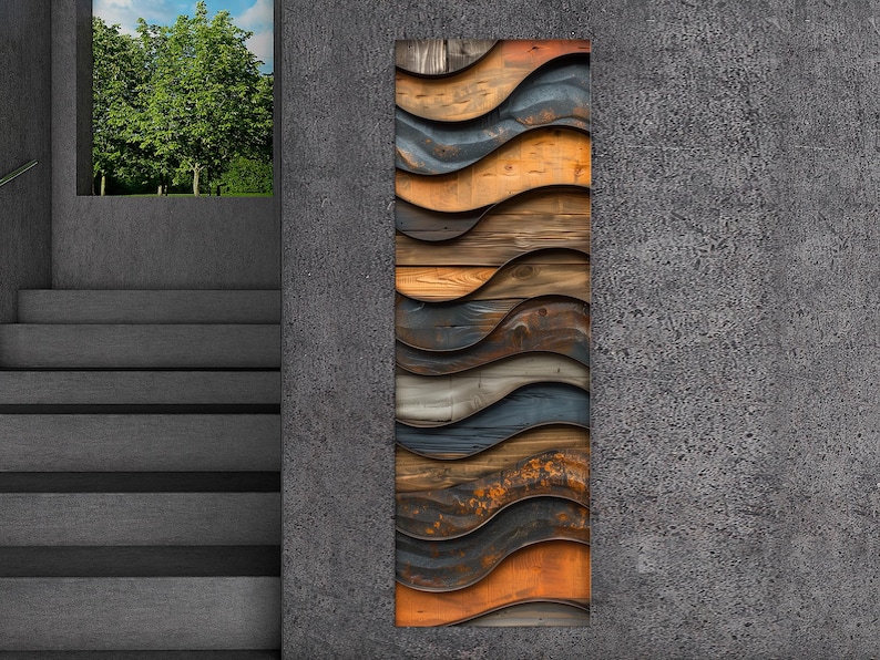 a wall with a vertical panel of overlapping wooden panels in various shades of brown and orange, creating a textured and visually interesting design.