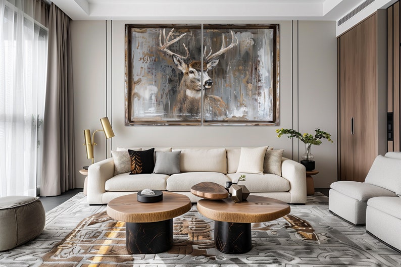 Deer canvas wall art Apartment wall decor Deer print Rustic home decor Scandinavian art Forest wall art Large wall art Housewarming gift	Set of 2 Panels